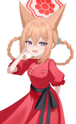  1girl :d aged_down animal_ears arm_behind_back black_sash blue_archive child chinese_clothes commentary double-parted_bangs dress fang fox_ears fox_girl hair_between_eyes hand_up highres long_hair looking_at_viewer open_mouth orange_hair qipao red_dress rumi_(blue_archive) rumi_(small)_(blue_archive) sash short_sleeves simple_background skin_fang smile solo upper_body violet_eyes white_background wrightia 
