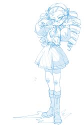  1girl bayshoreidol boots drill_hair drill_ponytail forehead full_body hair_ornament headband long_hair long_sleeves mole mole_under_eye monochrome original pleated_skirt simple_background sketch skirt solo standing twin_drills twintails white_background 