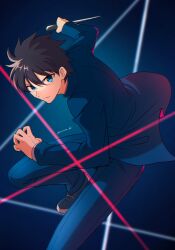  1boy attack black_hair blue_background blue_eyes blue_jacket blue_pants commentary_request dynamic_pose fighting_stance floating_clothes floating_hair gakuran glaring hair_between_eyes highres holding holding_knife jacket knife male_focus messy_hair midair mystic_eyes_of_death_perception nanase_hr nanatsu-yoru pants reverse_grip school_uniform shirt shoes slashing sneakers solo tohno_shiki tsukihime white_shirt 