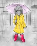  bob_cut petrification rain raincoat short_hair statue umbrella 