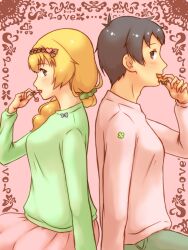  1boy 1girl back-to-back black_hair blonde_hair cherry cookie endou_midorika food fruit green_shirt hairband highres holding holding_cookie holding_food holding_fruit long_hair midorika's_comedy_bizarre_show nitto_(99honey) official_art ponytail shirt short_hair skirt tsukishima_yusuke white_shirt yellow_eyes 