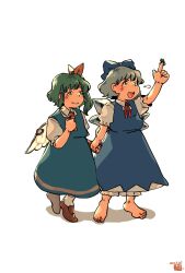  2girls animal_on_finger arm_up barefoot blue_bow blue_dress blue_hair bow bowtie brown_shoes cirno commentary daiyousei dress fairy_wings frog green_hair hair_bow hair_ribbon highres holding_hands ice ice_wings kokechankokko multiple_girls puff_of_air puffy_short_sleeves puffy_sleeves red_bow red_bowtie ribbon shirt shoes short_sleeves side_ponytail touhou untranslatable_commentary white_background white_shirt wings yellow_ribbon 