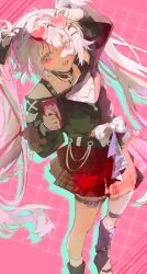  1girl absurdres black_gloves black_hat braid butterfly-shaped_pupils choker clothing_cutout diamond_(shape) diamond_facial_mark diamond_on_cheek facial_mark gloves hat hat_ornament heart heart_facial_mark heart_on_cheek highres honkai:_star_rail honkai_(series) long_hair mark_under_both_eyes mini_hat mini_top_hat pink_eyes plaid_clothes plaid_sleeves rabbit_ear_headwear rabbit_hat_ornament rimu_(ringokurimu) shoulder_cutout single_glove skirt smile solo sparkle_(honkai:_star_rail) sparxie_(honkai:_star_rail) symbol-shaped_pupils top_hat twintails very_long_hair white_hair 
