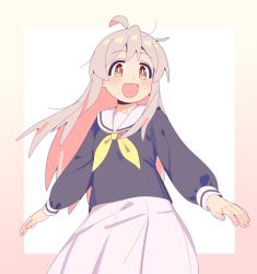  1girl ahoge blush commentary_request highres karubi_(karubi465558) long_hair long_sleeves messy_hair onii-chan_wa_oshimai! oyama_mahiro pleated_skirt sailor_collar simple_background skirt smile solo white_hair 
