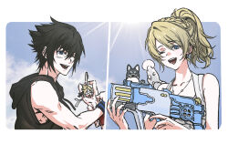  1girl 2boys arm_ribbon bare_shoulders black_hair black_hoodie black_ribbon blindfold blonde_hair blue_eyes blue_sky border braid crown_braid dog dress final_fantasy final_fantasy_xv hair_between_eyes holding holding_water_gun hood hoodie hyohls2_(hamao3o) jewelry light_blush long_hair lunafreya_nox_fleuret multiple_boys necklace noctis_lucis_caelum one_eye_closed open_mouth outdoors ponytail prompto_argentum pryna_(ff15) ribbon short_hair sky sleeveless sleeveless_dress sleeveless_hoodie smile spiky_hair sunlight topless_male umbra_(ff15) upper_body water_gun white_border white_dress 