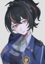  1girl black_hair blue_jacket breasts hair_between_eyes hairband highres hy04sr jacket long_hair looking_at_viewer metal_hairband multicolored_hair police police_badge police_uniform policewoman ponytail red_eyes red_streaks shirt simple_background solo streaked_hair upper_body white_background zenless_zone_zero zhu_yuan 