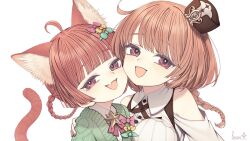  2girls ahoge animal_ears bare_shoulders bow braid braided_hair_rings brown_hair cardigan cat_ears cat_girl cat_tail cheek-to-cheek dress guest_art hair_bow hair_rings heads_together highres kemono_teatime looking_at_viewer macaron_(kemono_teatime) medium_hair multiple_girls multiple_hair_bows open_mouth red_eyes riuichi short_hair smile tail tarte_(kemono_teatime) upper_body 
