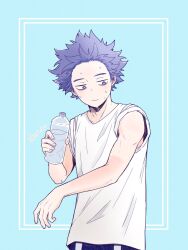  1boy :| arms_up blue_background boku_no_hero_academia bottle closed_mouth commentary_request cowboy_shot expressionless futabachpw highres holding holding_bottle jitome looking_to_the_side male_focus purple_hair shinso_hitoshi shirt short_hair sideways_glance sleeves_rolled_up solo sweat tanlines very_short_hair violet_eyes water_bottle white_shirt 