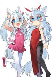  2girls :d ahoge alice_(ookami_hime_monogatari) animal_ear_fluff animal_ears antenna_hair argyle_clothes argyle_pantyhose arms_up black_pantyhose black_shoes blue_eyes blush bow closed_mouth collared_dress dress facial_mark fangs full_body hair_between_eyes high_heels highres leg_up long_hair multiple_girls ookami_hime_monogatari open_mouth pantyhose pink_bow pink_dress pink_shoes rabbit_pose red_dress ribbon shoes short_dress siblings simple_background sisters sleeveless sleeveless_dress smile standing standing_on_one_leg sufi_(ookami_hime_monogatari) tail toba_hiyoko twins twintails vest white_background white_hair white_pantyhose white_tail white_vest wolf_ears wolf_girl wolf_tail wrist_cuffs 