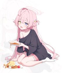  1girl absurdres ahoge alternate_costume black_shirt blue_archive blue_eyes blush collarbone commentary_request dlrkdals070707 dropped_food fang food hair_between_eyes halo heterochromia highres holding holding_plate holding_spoon hoshino_(blue_archive) korean_commentary long_hair long_sleeves looking_at_viewer open_mouth oversized_clothes oversized_shirt pink_hair pink_halo plate pudding shirt single_bare_shoulder sitting skin_fang socks solo spoon tearing_up wariza white_socks yellow_eyes zoom_layer 