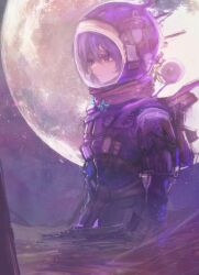  1girl absurdres closed_mouth english_commentary highres hololive hololive_indonesia looking_ahead moon moona_hoshinova partially_immersed purple_hair purple_sky purple_water sky solo spacesuit tagme taku_artworks upper_body violet_eyes 
