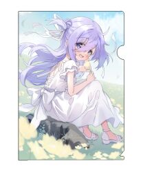  1girl :d amamiya_shizuku_(hizuki_yayoi) arm_behind_head arm_up backless_dress backless_outfit blue_sky blush clouds comiket_108 day double_bun dress flower from_side hair_bun hair_ribbon highres hizuki_yayoi holding holding_flower long_hair looking_at_viewer looking_to_the_side original outdoors purple_hair ribbon sandals short_sleeves sitting sky smile solo two_side_up very_long_hair violet_eyes white_dress white_ribbon white_sandals yellow_flower 