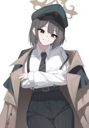  1girl black_eyes black_hair black_necktie black_pants blue_archive breasts brown_coat closed_mouth coat coat_on_shoulders collared_shirt commentary cowboy_shot crossed_arms diagonal-striped_clothes diagonal-striped_necktie dress_shirt green_hat hat highres hiromi_(blue_archive) jaha709953 large_breasts looking_at_viewer necktie pants peaked_cap shirt simple_background smile solo striped_clothes striped_necktie striped_pants suspender_pants suspenders suspenders_slip vertical-striped_clothes vertical-striped_pants white_background white_shirt 