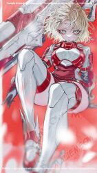  1girl absurdres armor blonde_hair full_body green_eyes gun highres knee_up long_sleeves maliemeow mecha_pilot_suit original red_background red_shirt rifle shirt short_hair sitting skirt solo thigh-highs twitter_username watermark weapon white_shirt 
