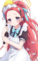  1girl amaimo apron black_dress blue_archive blue_bow blue_bowtie blue_eyes blush bow bowtie closed_mouth commentary_request dress duster flying_sweatdrops forehead frilled_apron frills hair_bow hair_pulled_back halo hands_up highres holding holding_duster long_hair maid maid_apron maid_headdress millennium_science_school_logo multiple_hair_bows official_alternate_costume orange_halo partial_commentary ponytail puffy_short_sleeves puffy_sleeves red_hair short_sleeves simple_background tearing_up very_long_hair white_apron white_background yuzu_(blue_archive) yuzu_(maid)_(blue_archive) 