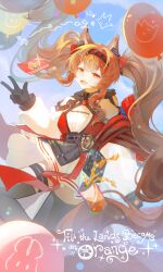  1girl absurdres angelina_(arknights) angelina_the_mellow_wish_(arknights) animal_ear_fluff animal_ears arknights balloon black_collar black_gloves black_hairband black_thighhighs brown_eyes brown_hair can collar detached_sleeves dress drink_can floating_hair food fox_ears fox_girl fruit gloves hair_between_eyes hairband highres infection_monitor_(arknights) juice letter long_hair long_sleeves looking_at_viewer multicolored_hairband open_mouth orange_(fruit) orange_juice sky smile solo spilling standing thigh-highs twintails two-tone_hairband very_long_hair w white_dress xiao_shuhe 