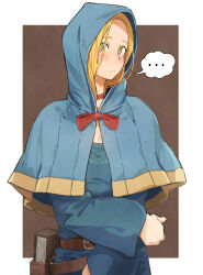  ... 1girl belt belt_pouch blonde_hair blue_capelet blue_robe blush book bow brown_background brown_belt capelet choker closed_mouth cowboy_shot dungeon_meshi eitopondo embarrassed frown green_eyes highres hood hood_up hooded_capelet looking_at_viewer marcille_donato medium_hair pouch red_bow red_choker robe simple_background solo spoken_ellipsis sweatdrop 
