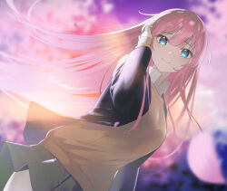  1girl arm_at_side black_jacket black_skirt blue_eyes blurry blurry_background brown_vest closed_mouth clouds cloudy_sky collar collared_shirt dutch_angle floating_hair from_side hand_up highres jacket looking_at_viewer nishibi_mitsuba original outdoors pink_hair pink_sky shirt skirt sky smile solo vest white_collar white_shirt wind wind_lift 