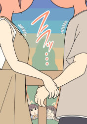  1boy 3girls :o ^^^ animal blush brown_dress brown_hair brown_shirt dog dress full-face_blush head_out_of_frame hetero hiding holding_another's_wrist juukyuu multiple_girls o_o original outdoors parted_lips pleated_dress shirt sleeveless sleeveless_dress sleeveless_shirt solid_circle_eyes sunset sweat translation_request tree v-shaped_eyebrows white_shirt 