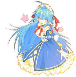  1girl :d ahoge artist_name bad_id bad_twitter_id bare_shoulders blue_dress blue_hair bow bowtie cowboy_shot cropped_legs dress elf frilled_dress frills gem gloves highres juliet_sleeves long_hair long_sleeves looking_at_viewer maid maid_headdress open_mouth original pink_eyes pointy_ears puffy_sleeves red_bow red_bowtie sakusankarmin simple_background smile star_(symbol) twitter_username two-tone_dress white_background white_dress white_gloves yellow_gem 