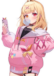  1girl absurdres black_collar black_nails blonde_hair blowing_bubble_gum blunt_bangs blush bow breasts cellphone chewing_gum collar cowboy ear_piercing earclip equal_(heartstrings) hair_intakes hair_ornament heterochromia highres holding holding_phone hood hoodie hoshikawa_sara hoshikawa_sara_(11th_costume) jewelry long_hair long_hoodie long_sleeves looking_at_viewer nail_polish nijisanji orange_ribbon partially_unzipped phone piercing pink_hoodie pink_ribbon red_eyes ribbon ring simple_background single_bare_shoulder skindentation sleeves_past_fingers sleeves_past_wrists smartphone solo thigh_strap two-tone_ribbon virtual_youtuber white_background x_hair_ornament yellow_bow yellow_eyes zipper zipper_pull_tab 