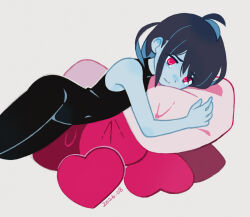  1other androgynous black_bodysuit blue_hair blue_skin bodysuit closed_mouth colored_skin commentary_request covered_navel crying crying_with_eyes_open deltarune head_on_pillow heart heart-shaped_pillow hugging_object kris_(dark_world)_(deltarune) kris_(deltarune) navel other_focus pillow pillow_hug red_eyes sad short_hair simple_background sleeping sleeveless sleeveless_bodysuit tanba_(tanba-art) tears utdr_(toby_fox) white_background 