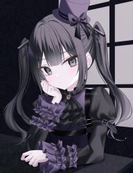  1girl arm_rest ascot black_ascot black_eyes black_hair bow chest_harness closed_mouth commentary_request elbow_rest frilled_sleeves frills gothic_lolita hair_ribbon harness hat hat_bow hat_ribbon highres iris37337 juliet_sleeves kurobe_nanoka light_frown lolita_fashion long_sleeves looking_at_viewer mahou_shoujo_no_majo_saiban mini_hat mini_top_hat puffy_sleeves purple_hat ribbon sleeve_belt solo table top_hat twintails twitter_username upper_body window 