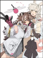  2girls animal_ears arknights bare_shoulders black_gloves blush brown_hair cowboy_shot detached_sleeves dress drone dutch_angle elbow_gloves freckles gloves height_difference highres holding_hands jacinta_(arknights) jiguang_haibao multicolored_hair multiple_girls open_mouth raccoon_ears raccoon_girl simple_background sleeveless sleeveless_dress smile streaked_hair thick_eyebrows timeslot_(arknights) white_background white_dress white_hair white_streaks yellow_eyes 