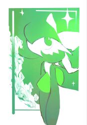  1girl bob_cut border bow commentary flat_chest flower from_side gardevoir glowing green_background green_theme hair_bow hair_over_one_eye highres looking_back looking_up maeyufiore mixed-language_commentary monochrome no_mouth one_eye_covered outside_border pokemon pokemon_(creature) romaji_commentary rose short_hair sketch solo sparkle standing upper_body white_border 