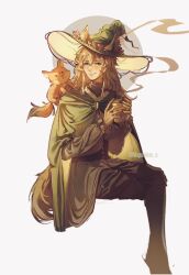  1boy absurdres aegyo_sal androgynous animal_ear_fluff animal_ears animal_on_shoulder artist_name boots brooch brown_boots brown_hair brown_tunic cape closed_mouth corset cup degrees_of_lewdity disposable_coffee_cup disposable_cup flower fox fox_boy fox_ears fox_tail freckles frilled_sleeves frills green_cape green_eyes green_hat gwylan_(degrees_of_lewdity) gwylan_(male)_(degrees_of_lewdity) hands_up hat hat_flower high_collar highres holding holding_cup invisible_chair jewelry julien157738124 knee_boots long_hair long_sidelocks looking_at_viewer male_focus sidelighting sidelocks sitting smile solo steam tail tunic wavy_hair witch_hat 