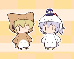  2girls blonde_hair blue_hat chibi chibi_only chicken_costume commentary_request full_body gomashio_(goma_feet) grey_hair hair_between_eyes hat hood hood_up mononobe_no_futo mononobe_no_futo_(chicken) multiple_girls no_mouth outline owl_costume self-cosplay short_hair standing tate_eboshi touhou toyosatomimi_no_miko toyosatomimi_no_miko_(owl) white_outline yellow_background |_| 