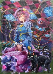 1girl absurdres animalization bird black_bird black_cat blue_shirt blush breasts brown_hairband buttons cat closed_mouth collared_shirt commentary_request disembodied_linked_eye eyeball floral_print frilled_shirt_collar frilled_sleeves frills hair_ornament hairband harikona heart heart_button heart_hair_ornament highres kaenbyou_rin kaenbyou_rin_(cat) komeiji_satori long_sleeves looking_at_viewer multiple_tails painting_(medium) pink_eyes pink_hair pink_skirt print_skirt reiuji_utsuho reiuji_utsuho_(bird) ribbon-trimmed_collar ribbon_trim rose_print shirt signature skirt small_breasts smile tail touhou traditional_media two_tails watercolor_(medium) wide_sleeves 