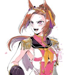  1girl animal_ears armpits black_gloves blush breasts brown_hair commentary_request epaulettes flower_in_eye gloves gold_hairband hairband highres horse_ears horse_girl long_hair neckerchief open_mouth ponytail sakura_bakushin_o_(blossom_in_learning)_(umamusume) sakura_bakushin_o_(umamusume) sleeveless sleeveless_jacket smile solo sweat symbol_in_eye teeth umamusume upper_body uzaki_(jiro) violet_eyes yellow_neckerchief 