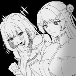  2girls :3 animal_ears bang_dream! bang_dream!_yumemita black_background blush bob_cut collar commentary_request dog_ears drooling fuji_miyako greyscale hair_bun hair_ornament highres holding holding_leash kemonomimi_mode leash long_hair long_sleeves mole mole_under_mouth monochrome multiple_girls nagomu_7_56 pet_play short_hair single_side_bun small_sweatdrop sparkle upper_body viola_(bang_dream!) x_hair_ornament yuri 