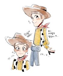  1boy animal_print animification boots brown_hair cow_print cowboy cowboy_hat dual_persona hat long_sleeves male_focus nhbzzdy pants sheriff_woody shirt short_hair simple_background smile toy_story translation_request vest 