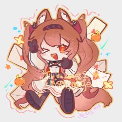  >_o 1girl :d ;d angelina_(arknights) angelina_the_mellow_wish_(arknights) animal_ear_fluff animal_ears arknights artist_name black_collar black_gloves black_hairband brown_hair chibi chibi_only collar dress earpiece food fox_ears fox_girl fruit full_body gloves hair_between_eyes hairband highres infection_monitor_(arknights) letter long_hair long_sleeves looking_at_viewer one_eye_closed open_mouth orange_(fruit) outline smile solo standing twintails v very_long_hair white_dress ye_cosmos 