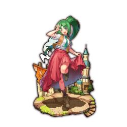 1girl :d brown_shoes commentary_request green_eyes green_hair green_necktie higurashi_no_naku_koro_ni last_period long_hair long_skirt necktie official_art pleated_skirt ponytail red_skirt school_uniform shirt shoes short_sleeves skirt smile solo sonozaki_mion vest w white_shirt whoopin yellow_vest 