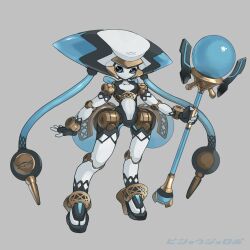  1girl blue_eyes grey_background high_heels highres humanoid_robot mage_staff mechanical_hair no_mouth original rati_(absoluteblue) robot robot_girl solo staff wide_hips 