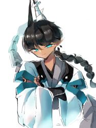  1boy aqua_eyes black_hair braid braided_ponytail bridal_gauntlets closed_mouth commentary_request crossed_arms dark-skinned_male dark_skin earrings floating_earrings glowing glowing_eyes hair_between_eyes highres horns ice_god_(jimini_shijimi) japanese_clothes jewelry jimini_shijimi light_smile long_hair long_sleeves looking_at_viewer male_focus original pointy_ears short_eyebrows simple_background slit_pupils solo tail upper_body very_long_tail white_background 