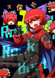 akatsuki_records black_bodysuit black_shirt blue_bow bodysuit bow cape cloak commentary_request disembodied_head garter_straps hair_bow highres hoshii_1213 jacket long_sleeves red_cape red_cloak red_eyes red_hair rock_'n'_rock_'n'_beat sekibanki shirt short_hair touhou 