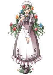  1girl apron blue_flower bombom bow flower glasses green_bow green_eyes green_hair maid_apron maid_headdress monster_girl official_art open_mouth pink_flower plant_girl plant_hair red_flower smile solo third-party_source tokyo_afterschool_summoners transparent_background wood_maid_(housamo) yellow_flower 