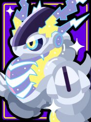  alternate_color aqua_eyes black_border black_sclera border chibi chibi_only closed_mouth colored_sclera commentary highres miraidon multicolored_eyes no_humans non-humanoid_robot pokemon pokemon_(creature) pokemon_focus robot shichi_(7cube_ori) shiny_pokemon solo sparkle thick_lineart two-tone_eyes untranslatable_commentary yellow_eyes 