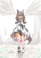  1girl animal_ears asymmetrical_footwear asymmetrical_gloves black_dress blush braid braided_sidelocks brown_hair covering_own_mouth curren_bouquetd'or_(racing)_(umamusume) curren_bouquetd'or_(umamusume) dress ear_covers elbow_gloves flower gloves grey_eyes hair_between_eyes hair_ornament hairband highres holding holding_flower horse_ears horse_girl horse_tail itota_(taikoubou) long_hair looking_at_viewer low_twin_braids mismatched_ear_covers mismatched_footwear mismatched_gloves multicolored_hair sidelocks solo streaked_hair tail twin_braids umamusume very_long_braid white_dress white_streaks 