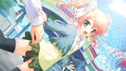  1boy 1girl :d amusement_park black_thighhighs blue_jacket bow clouds cropped_jacket day dutch_angle ferris_wheel frilled_jacket frilled_skirt frilled_thighhighs frills fur-trimmed_jacket fur_trim game_asset gate green_eyes green_skirt hair_bow hanamaki_mei holding_another's_wrist jacket long_sleeves medium_hair miniskirt multiple_hair_bows nanami_ayane non-web_source open_clothes open_jacket open_mouth orange_memories outstretched_arms pink_hair running self-datamine shirt skirt sky smile spread_arms thigh-highs twintails twisted_torso white_bow white_shirt yellow_shirt 