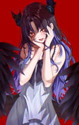  1girl :d absurdres asymmetrical_horns black_hair black_horns blue_hair breasts colored_inner_hair commentary curtained_hair demon_horns english_commentary hands_on_own_face hands_up heart heart-shaped_pupils highres hololive hololive_english horns large_breasts looking_at_viewer low_wings mogu_(au1127) multicolored_hair nerissa_ravencroft nerissa_ravencroft_(nighttime_princess) nightgown official_alternate_costume official_alternate_hairstyle red_background red_eyes simple_background smile solo symbol-shaped_pupils two-tone_hair uneven_horns virtual_youtuber white_nightgown wings 