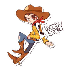  1boy animal_print animification brown_hair cow_print cowboy cowboy_hat hat long_sleeves male_focus nhbzzdy open_mouth sheriff_woody shirt short_hair simple_background smile solo toy_story vest white_background 