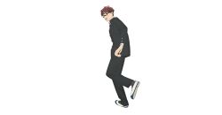  1boy :d black_jacket black_pants black_socks brown_eyes brown_hair buttons collared_shirt full_body glasses highres jacket light_blush long_sleeves looking_at_viewer looking_back male_focus mizunoe_ume official_art open_mouth pants rectangular_eyewear seitokai_ni_mo_ana_wa_aru! semi-rimless_eyewear shirt shoes short_hair simple_background smile socks solo transparent_background under-rim_eyewear walking white_shirt 