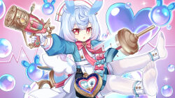  1girl absurdres animal_ears black_shorts blue_hair blue_shirt blush bow bowtie feet genshin_impact gloves gun hair_between_eyes hair_ornament hat highres holding holding_gun holding_syringe holding_weapon long_sleeves multicolored_hair nurse_cap open_mouth red_bow red_eyes shirt shorts sigewinne_(genshin_impact) smile solo syringe thigh-highs toes twintails weapon white_gloves white_hat white_thighhighs ying_miao 