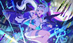  1girl animal armpit_peek artist_request belt belt_pouch bird blue_belt blue_eyes blue_jacket blue_nails blue_ribbon blue_tongue breasts cityscape colored_tongue earrings eyewear_on_head genmu_kumotori glitch hair_ornament heart heart_earrings heterochromia highres holding holding_animal holding_bird indie_virtual_youtuber jacket jewelry mahjong_tile medium_breasts night pixel_art pixel_heart pixel_sunglasses ponytail pouch purple_bird ribbon shirt shorts sleeveless sleeveless_shirt sports_bra sunglasses thigh_belt thigh_strap violet_eyes virtual_youtuber white_hair white_sports_bra 