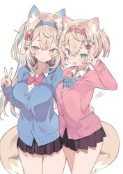  2girls absurdres animal_ears black_skirt blonde_hair blue_bow blue_bowtie blue_cardigan blue_eyes blue_hair blush bow bowtie breasts cardigan closed_mouth commentary dog_ears dog_girl dog_tail english_commentary fingernails fuwawa_abyssgard highres hololive hololive_english large_breasts long_hair long_sleeves looking_at_viewer medium_hair mococo_abyssgard multiple_girls nail_polish onlyhakua pink_bow pink_bowtie pink_cardigan pink_eyes pink_hair pink_nails simple_background skirt smile tail thighs v virtual_youtuber white_background yellow_tail 